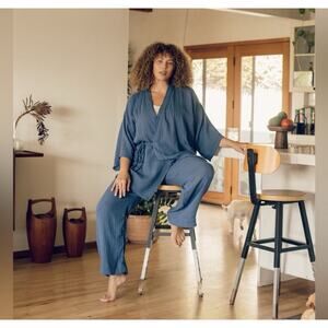 Oddbird Blue Pull On Wide Leg Gauze Pants Small Organic Cotton Lagenlook New N16